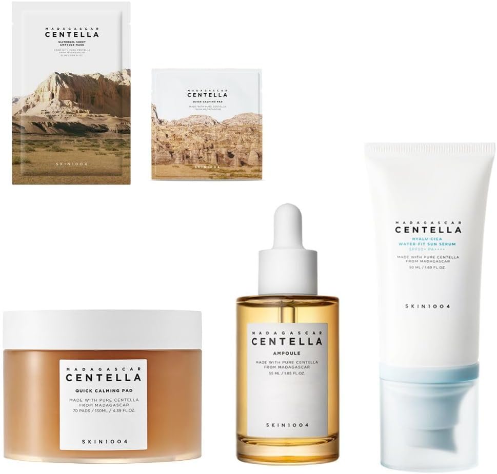 SKIN1004 潤い鎮静スキンケア4点セット (カーミングパッド70枚+2枚+アンプル55ml+UVセラム50ml+マスク1枚